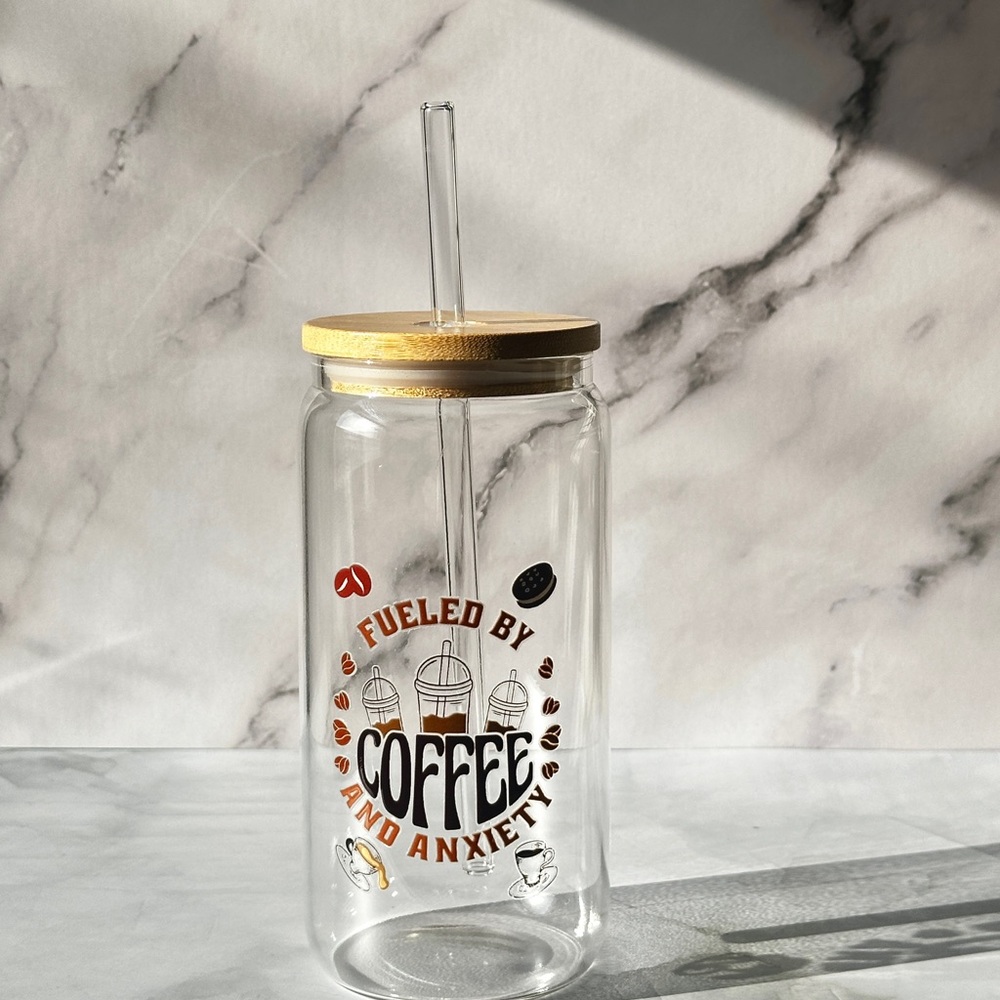 Glass Tumbler with Straw and Bamboo Lid
